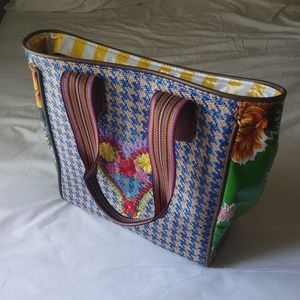 Consuela Heart Tote Bag w/ Blue & Yellow Woven Herringbone and Leather w/ Design